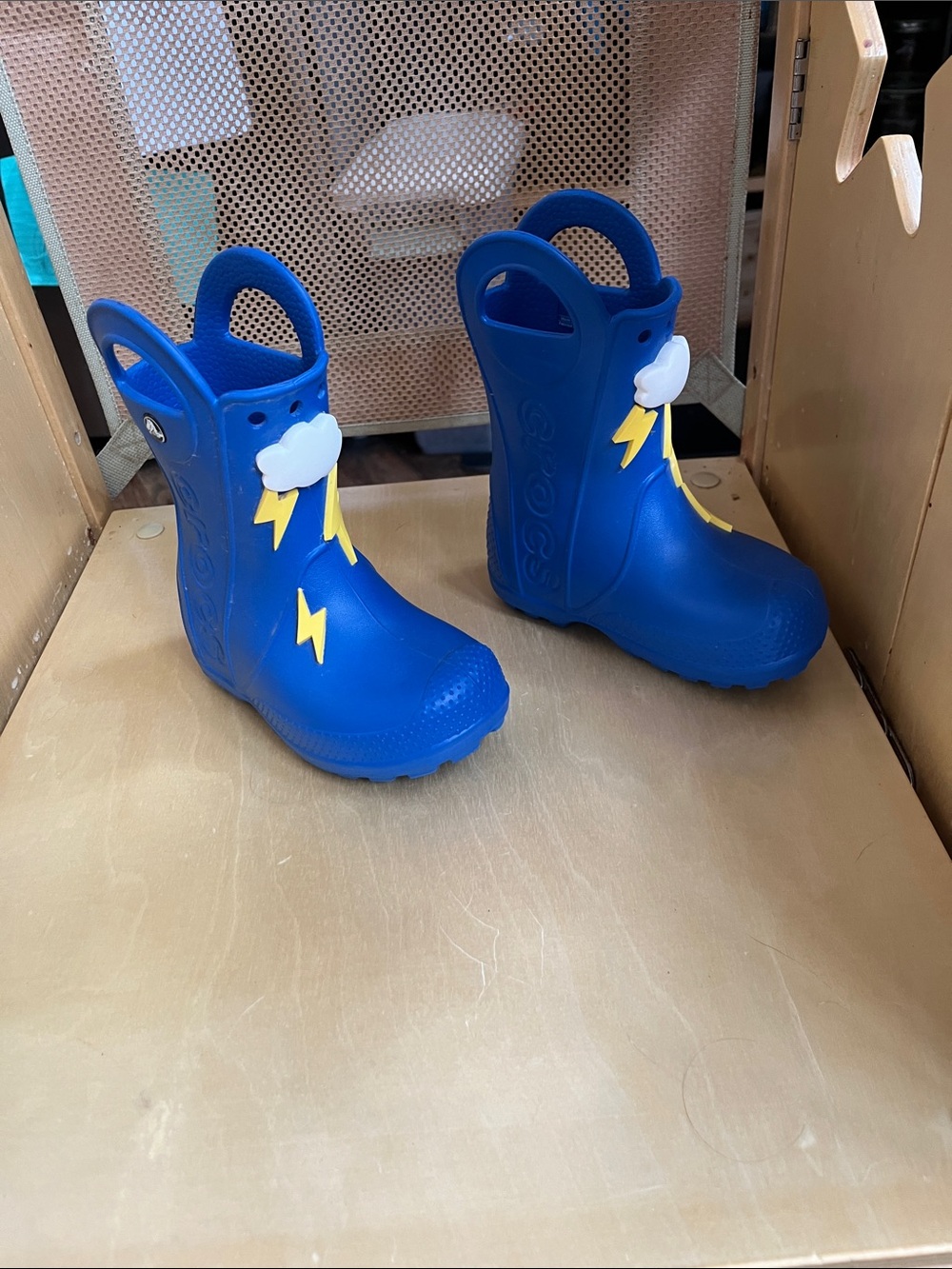 CROCS Kids Blue Rain Boots with Yellow Lightning and White Cloud